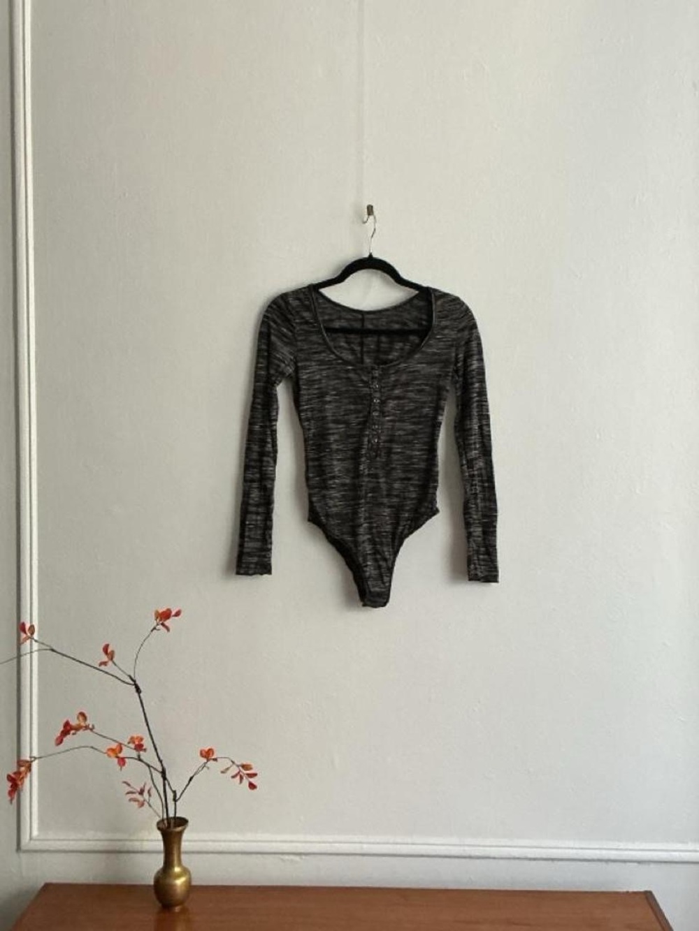 Adore Me Long-Sleeve Ribbed Henley Bodysuit - Charcoal Gray